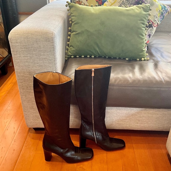 VTG 90s Y2K Indie Grunge Black Leather Block Heeled Bally Luxury Boots 10.5M - Picture 1 of 15